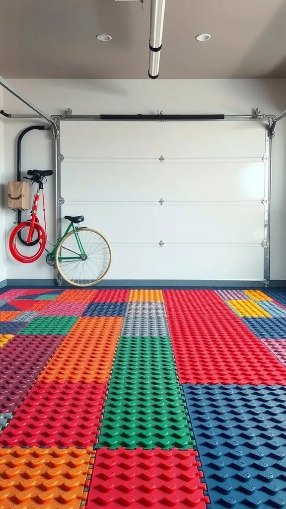 A colorful floor made of interlocking rubber tiles in a garage, featuring a red bike and a green bike next to a white garage door.