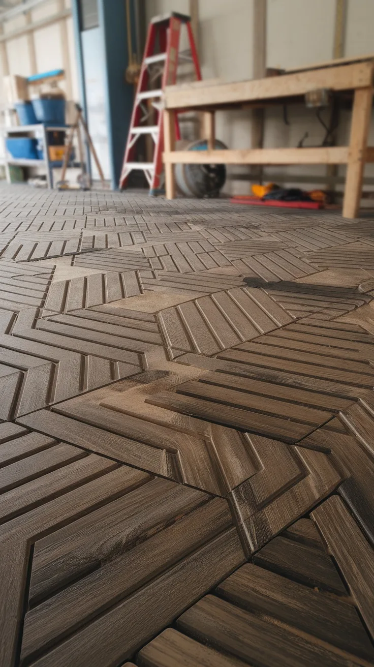 Close-up of interlocking vinyl tiles arranged in a herringbone pattern in a garage.