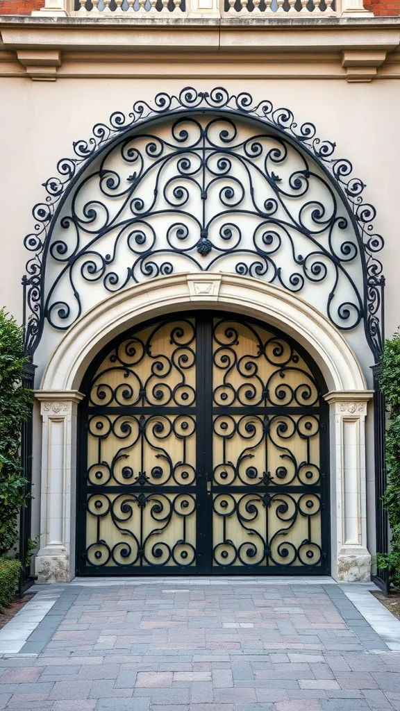 An intricate wrought iron arched garage door with decorative swirls and patterns.