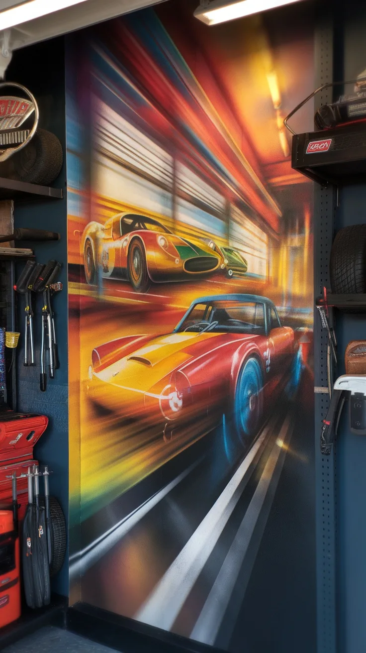 A vibrant mural of racing cars on a garage wall, showcasing motion and energy.