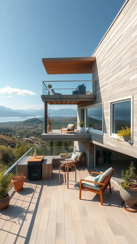 A stylish above garage apartment balcony with seating, a grill, and potted plants, overlooking a scenic landscape.