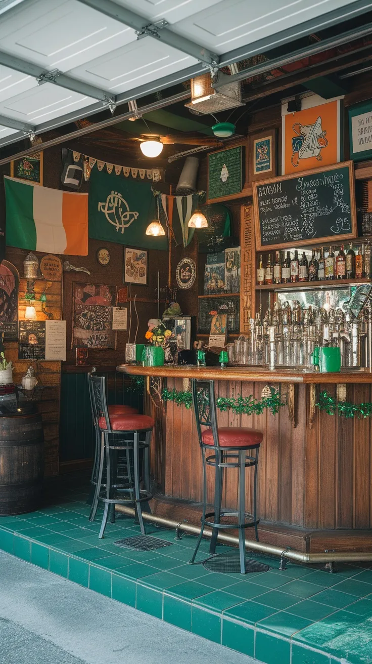 A garage converted into an Irish pub with a wooden bar, green decorations, and Irish flags.