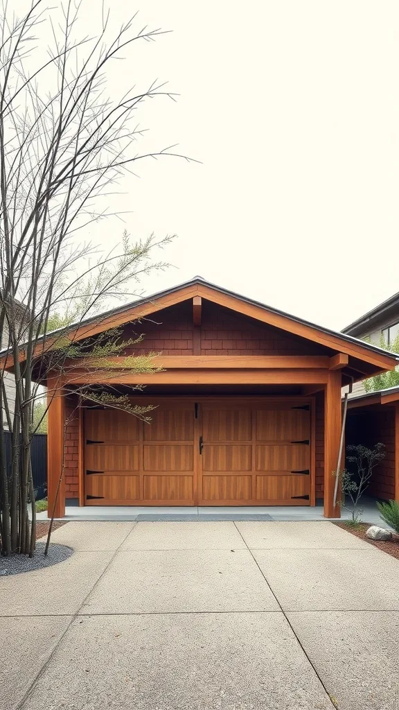 A Zen-style garage featuring wooden doors, surrounded by natural landscaping including bamboo and gravel.