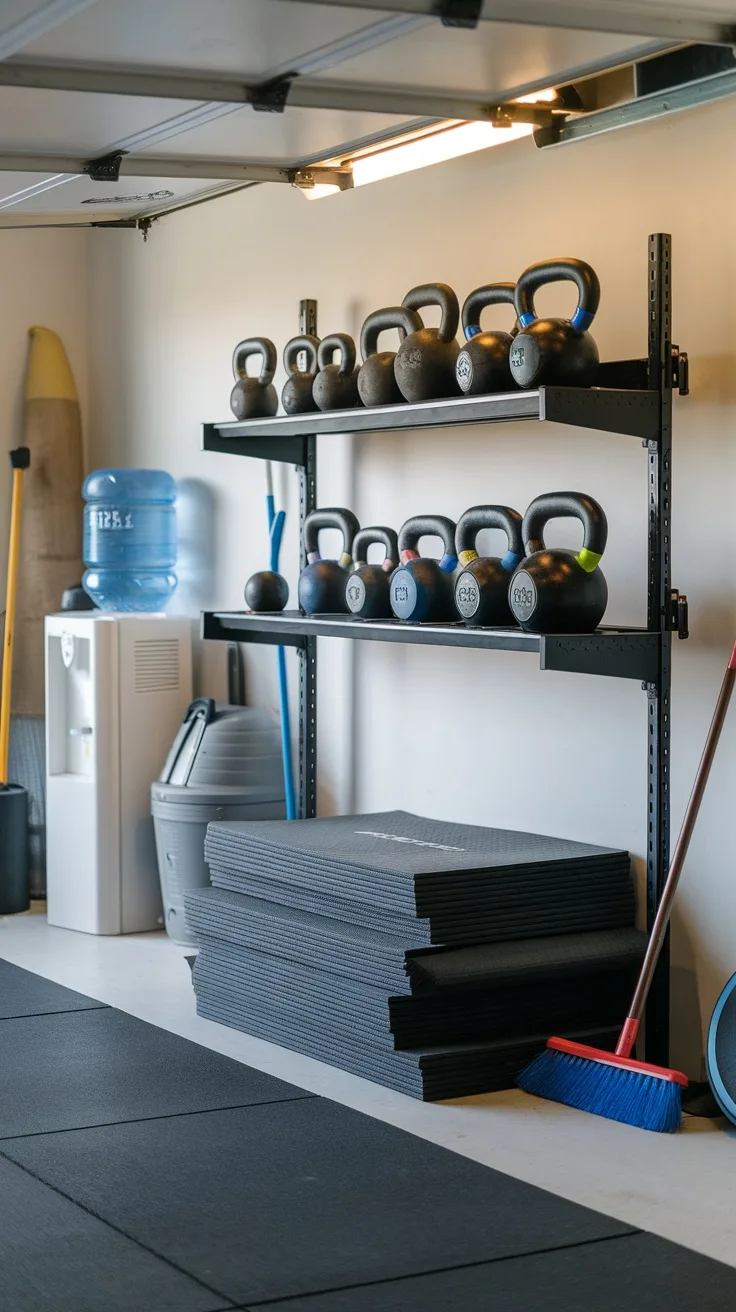 A well-organized garage workout area featuring a shelf with kettlebells, black mats on the floor, and a water cooler.