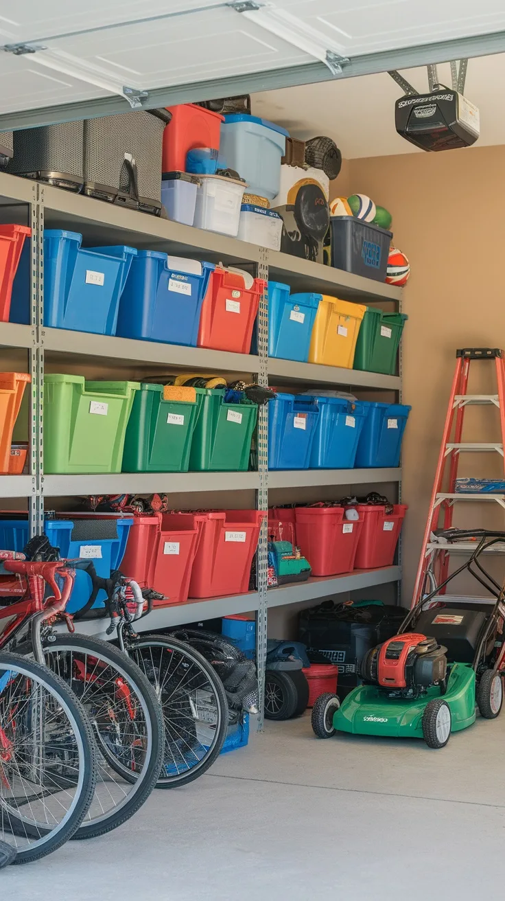 Organized garage with colorful labeled storage bins on shelves