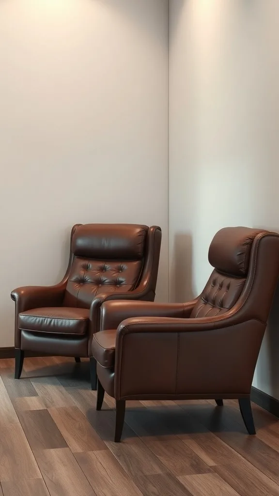 Two stylish leather lounge chairs in a modern setting.