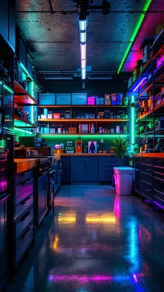 Vibrant LED strip lighting in a modern garage showcasing tools and shelves.