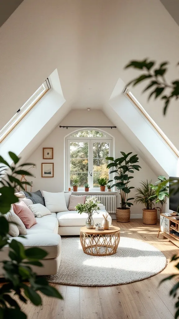 A bright and inviting attic apartment with sloped ceilings, large windows, and a cozy seating area filled with plants.