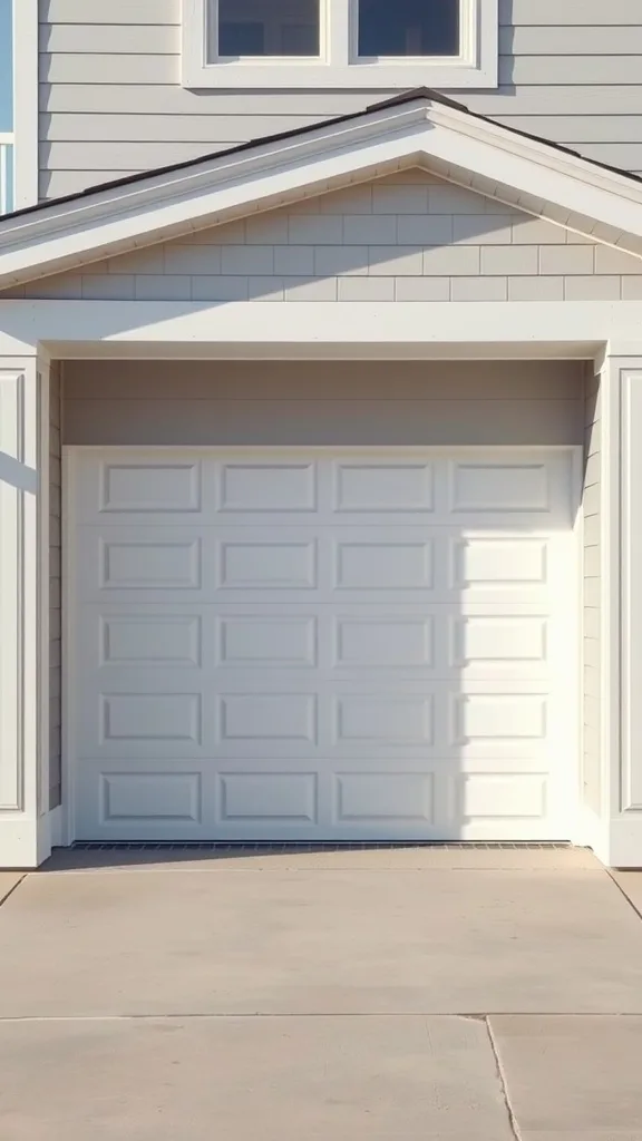 A light gray garage exterior with white trim, featuring a closed garage door and a clean driveway.