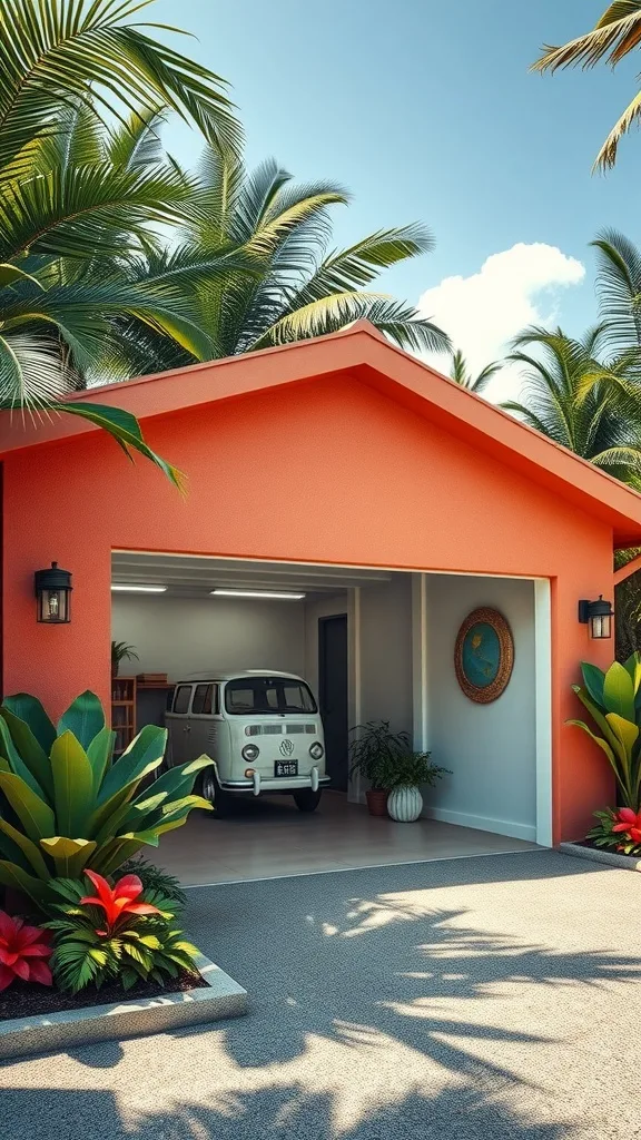 A vibrant coral garage surrounded by tropical plants and a classic white van.