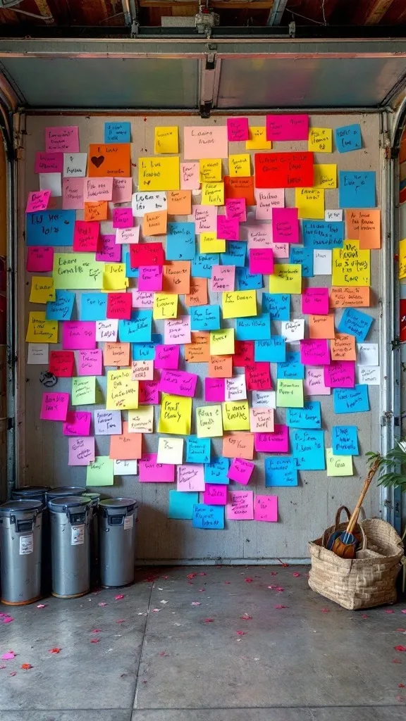 A wall covered with colorful sticky notes, each displaying various love messages and memories.