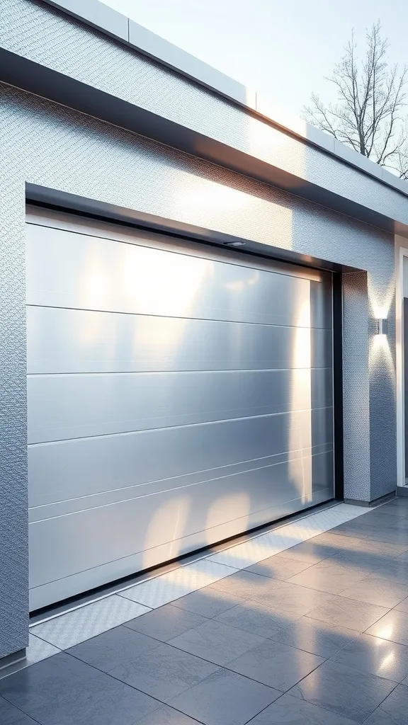 A modern garage interior featuring luminous silver walls and polished flooring.