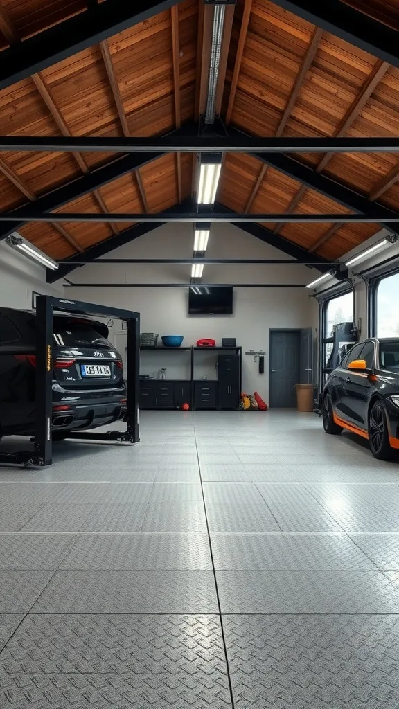 Interior of a luxury garage featuring custom car lifts, wooden beams, and well-organized storage.