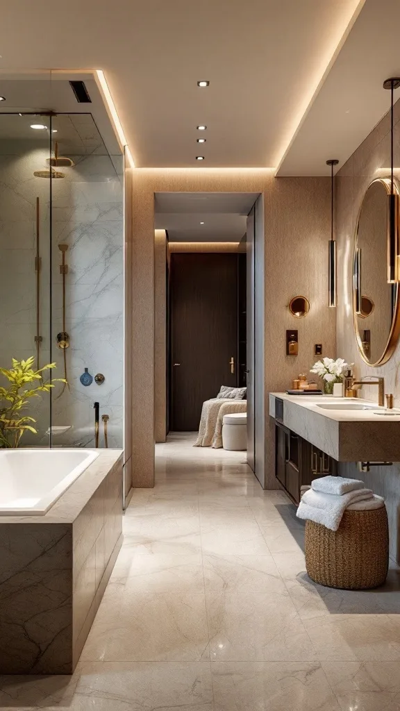 Luxurious spa-like bathroom with freestanding bathtubs, modern fixtures, and warm lighting.