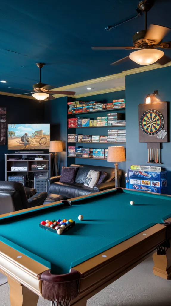 A photo of a vibrant game area within a man cave. There's a pool table in the center, with a dark green felt surface and white balls scattered across it. To the right of the pool table, there's a dartboard mounted on the wall. Next to the dartboard, there are shelves stocked with board games. To the left of the pool table, there's a gaming console on a stand, with a television screen displaying a game. There's a comfortable-looking sofa and a chair near the gaming console. The room has a few lamps and a ceiling fan. The walls are painted a deep blue colour.