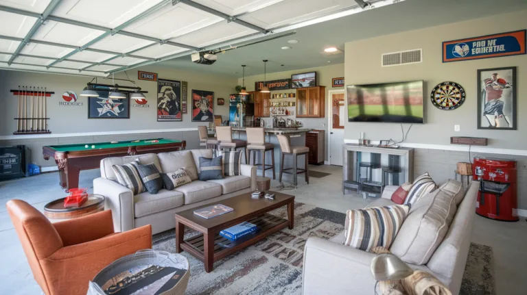 A photo of a garage transformed into a man cave. There's a couch, a few chairs, a coffee table, and a TV. There's also a pool table and a dartboard. The walls are decorated with sports memorabilia and there's a bar in the corner. The floor is covered with a rug.