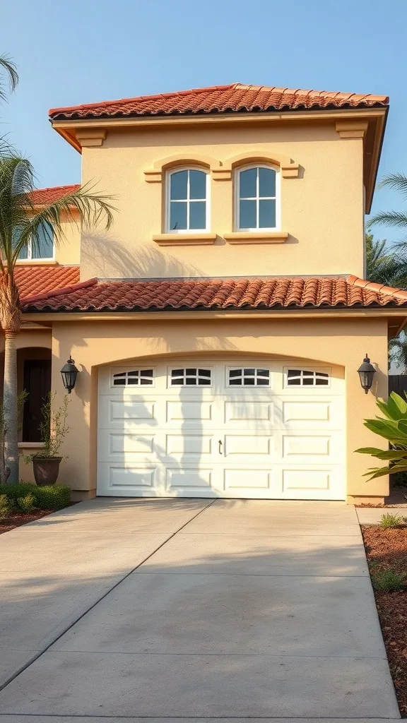 Mediterranean-style garage with a tile roof, white garage doors, and landscaped surroundings.