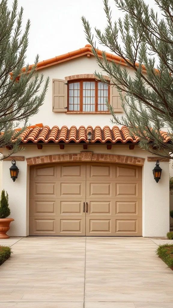 Mediterranean style garage featuring stucco walls and clay tile roof, with elegant garage doors and landscaping.