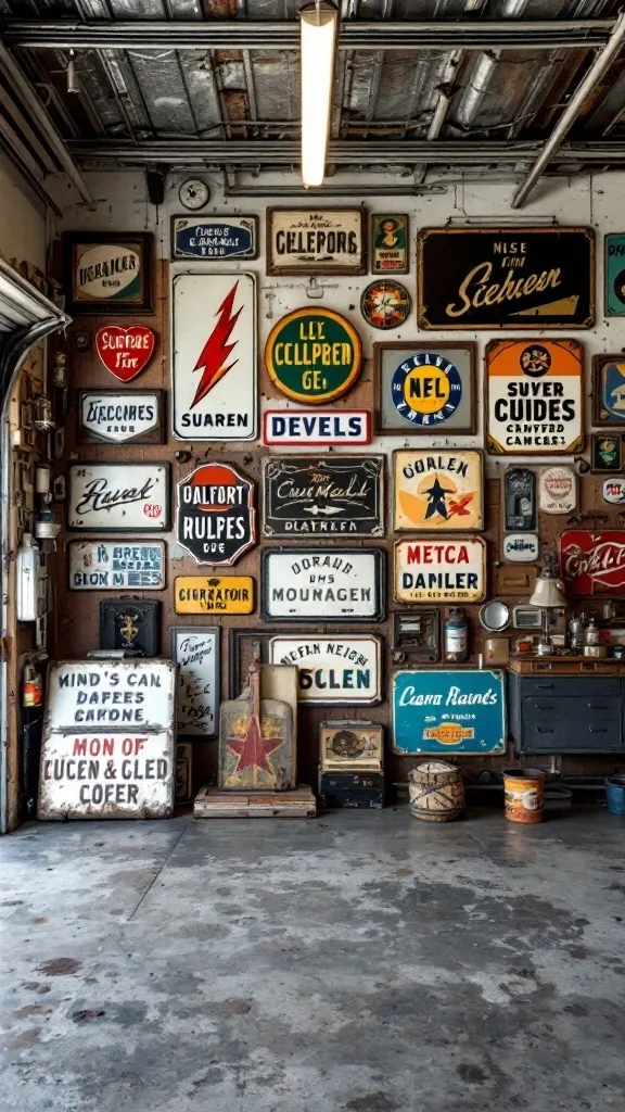 A wall covered with various vintage metal signs in a garage setting.