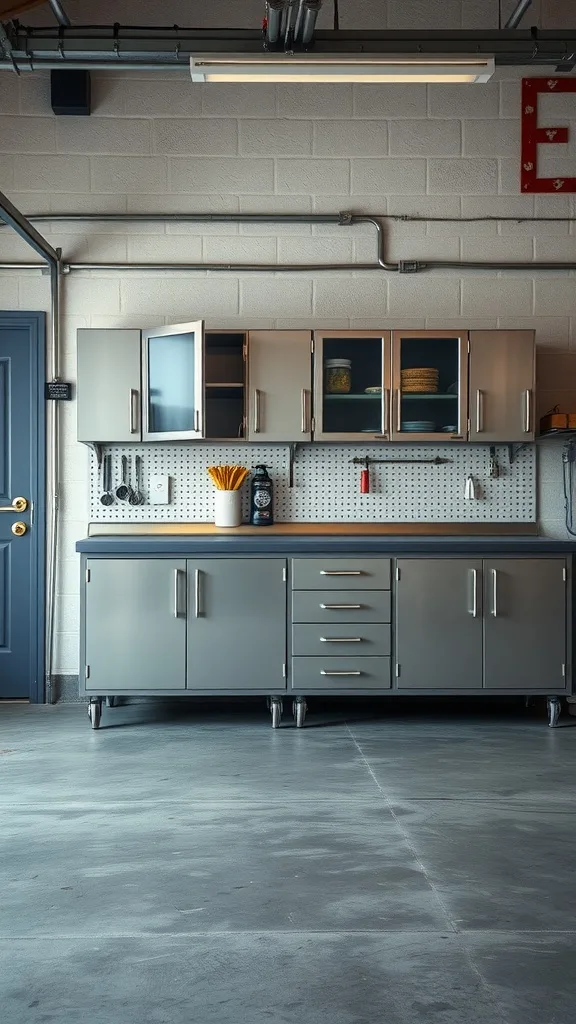 A neat garage with metal wall-mounted cabinets and a clean workspace.