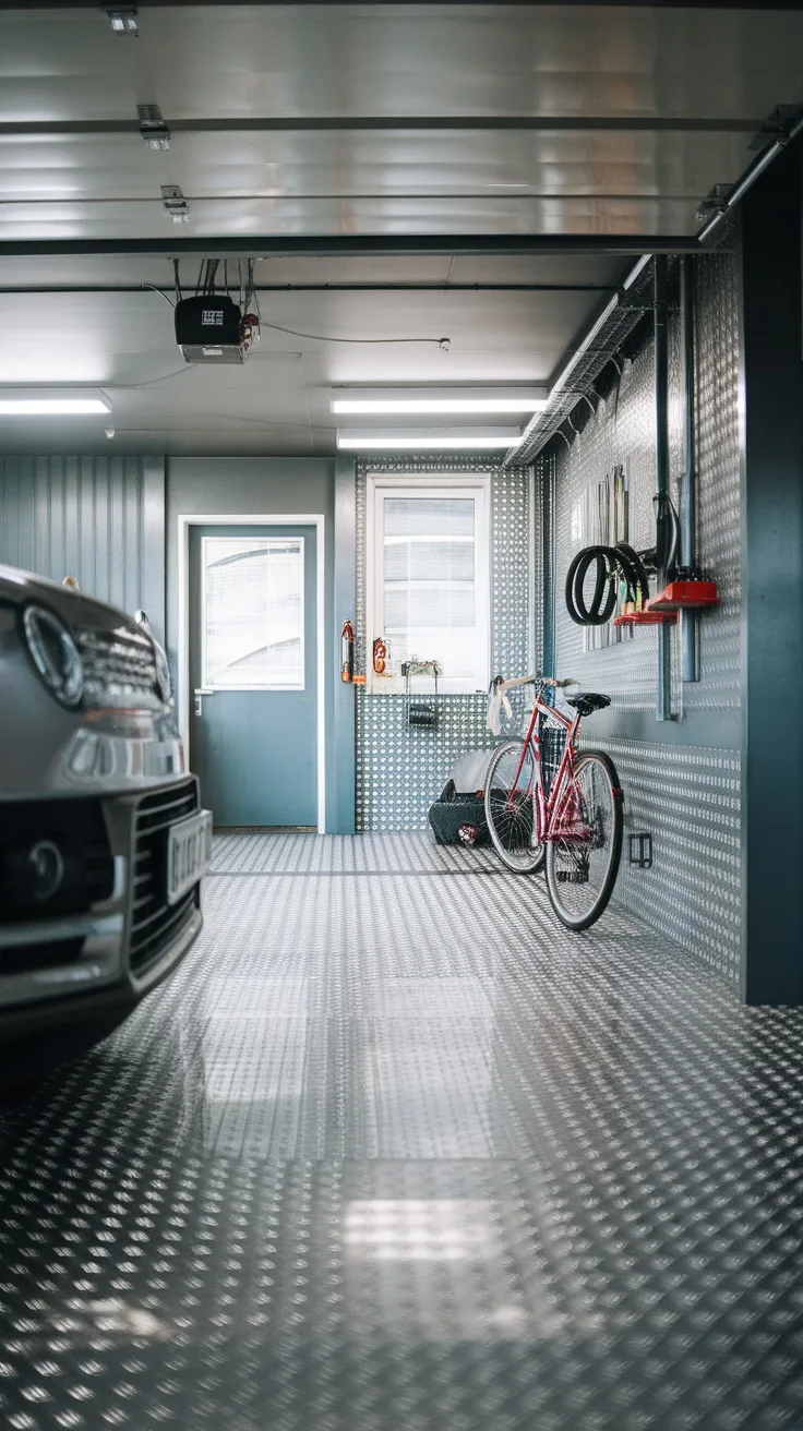 A modern garage with metallic floor tiles, featuring a car and a bicycle.