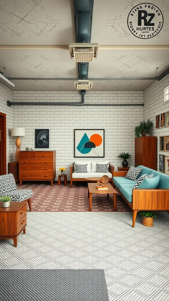 Stylish mid-century modern garage bedroom with aqua couch and wooden furniture