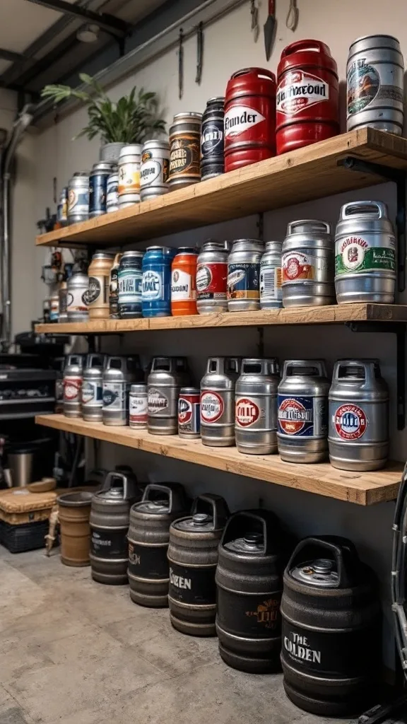 Mini beer kegs displayed on wooden shelves in a garage