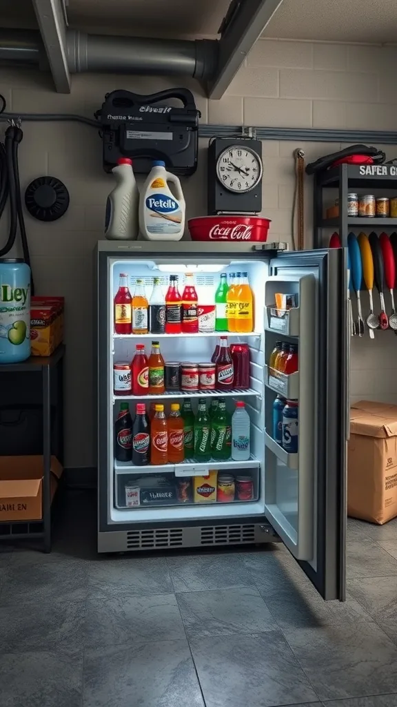 A mini fridge stocked with various drinks in a garage setting.