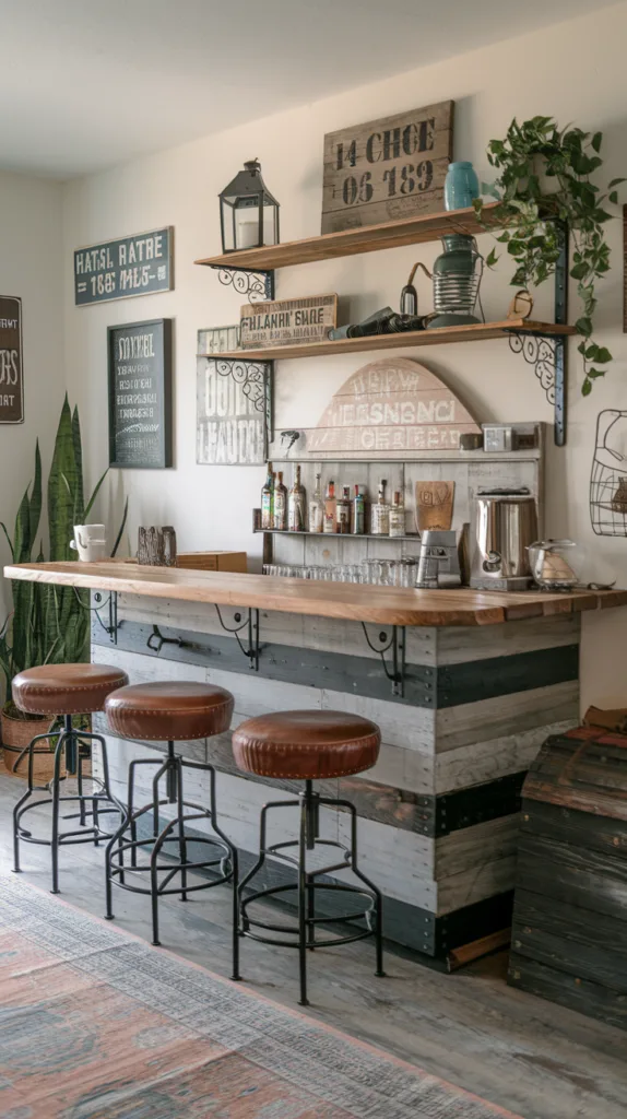 A photo of a budget-friendly man cave filled with repurposed and DIY furniture. There's a handmade bar with a wooden counter and metal rails. Above the bar, there's a rustic shelf with various items, including a lantern, a sign, and a plant. The seating consists of second-hand stools with leather seats. The walls are adorned with vintage signs and a few items on the shelves. The floor is covered with a patterned rug.