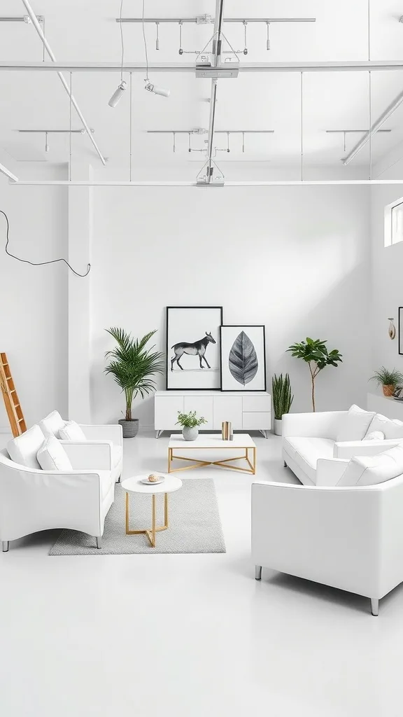 Minimalist art studio with white furniture, plants, and modern decor