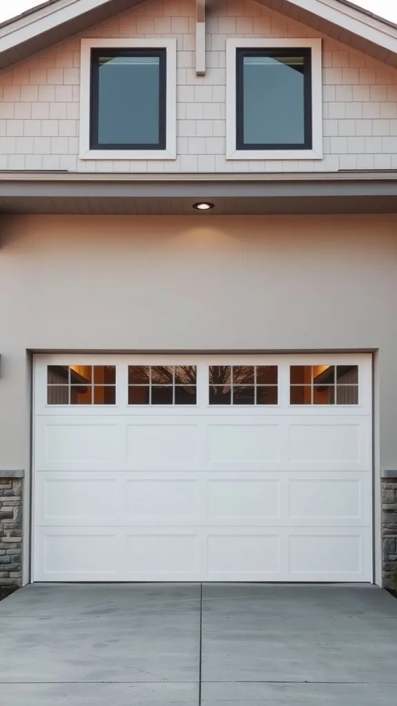 Minimalist garage door with large fixed glass windows, white color, modern design