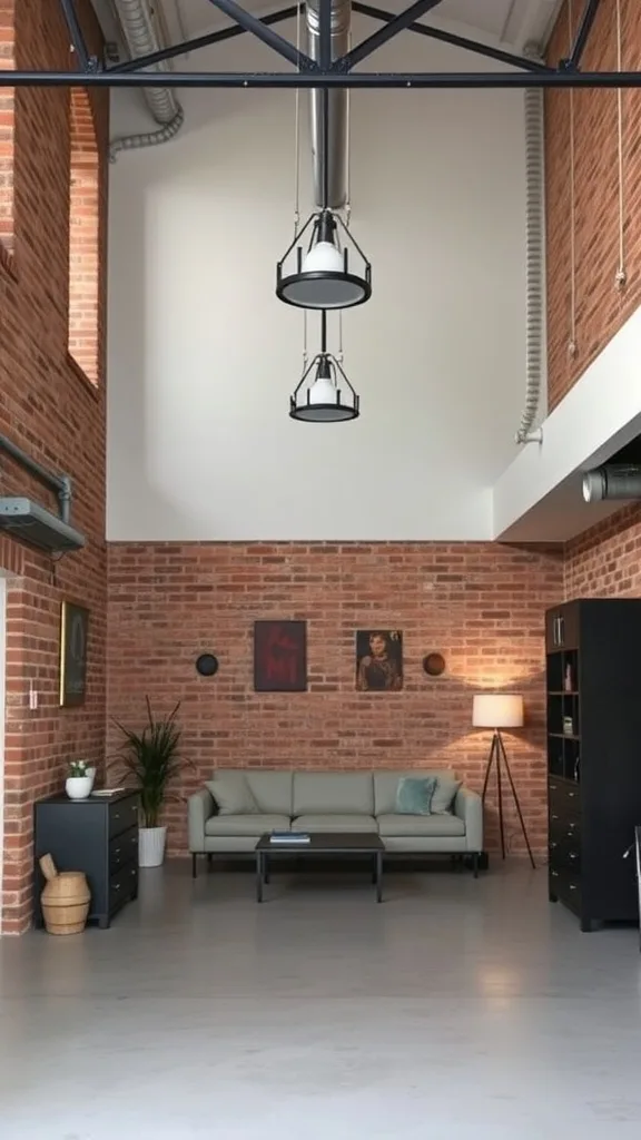 A minimalist loft with industrial accents, featuring exposed brick walls, a high ceiling, and a simple seating area.