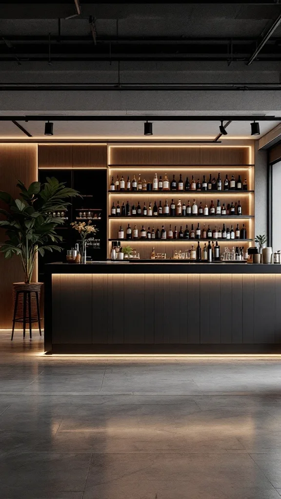 A sleek and modern minimalist bar with dim lighting and a clean design.