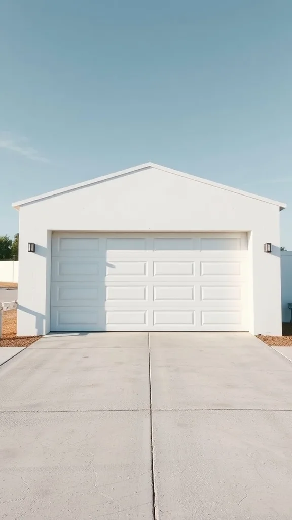 A minimalist white garage with a smooth exterior and a clear blue sky in the background