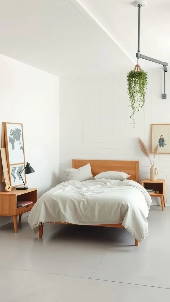 A minimalist bedroom featuring a wooden bed, light walls, and a hanging plant, creating a serene atmosphere.