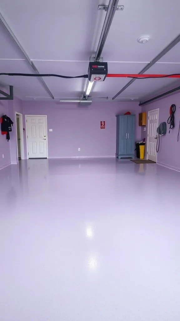 A garage with misty lavender epoxy flooring, light-colored walls, and organized storage.