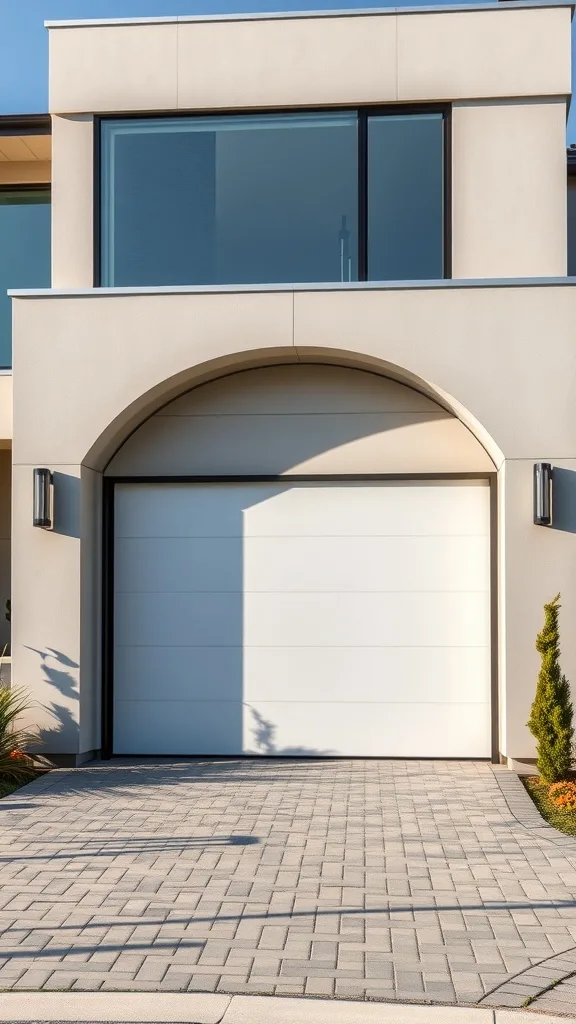 A modern aluminum arched garage door with a clean white finish, set against a sleek modern home.