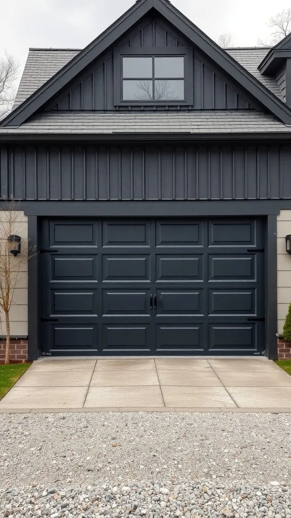 A modern farmhouse with a black garage door and a stylish facade.