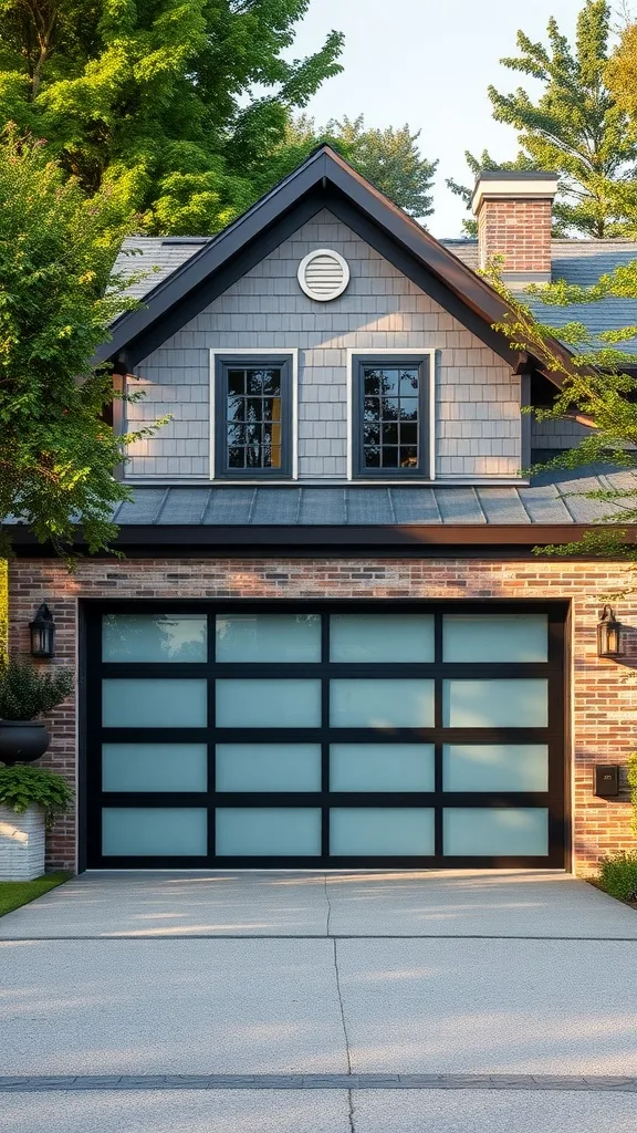 Modern farmhouse with a sleek black garage door featuring glass panels.