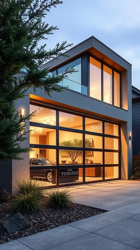 Modern minimalist glass garage door with a clear view and sleek frame.