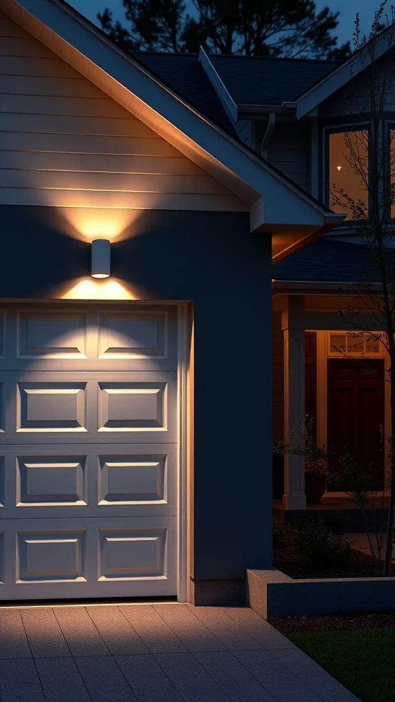 A modern garage exterior illuminated by stylish LED wall sconces