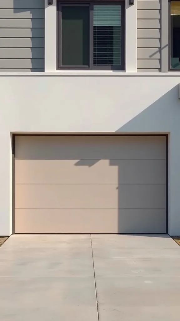 A modern minimalist garage door with a light-colored finish and simple design