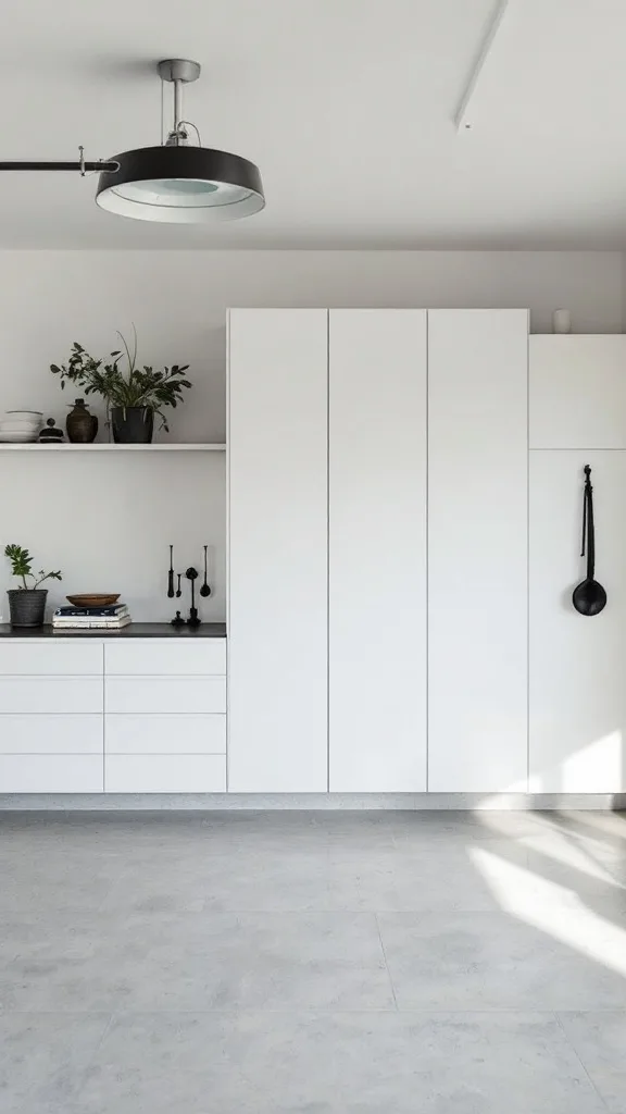 A modern minimalist garage with clean designs and neutral colors.