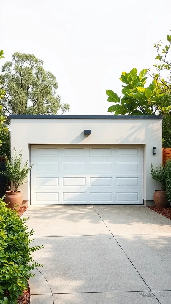 A modern minimalist garage with a clean white facade and simple landscaping