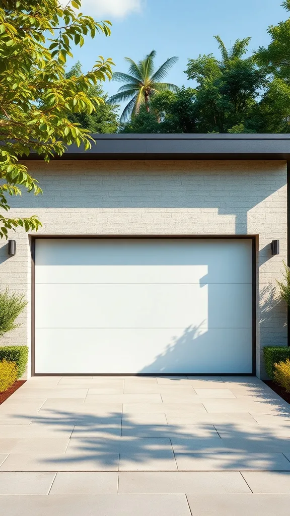 Modern minimalist garage with glass doors surrounded by greenery