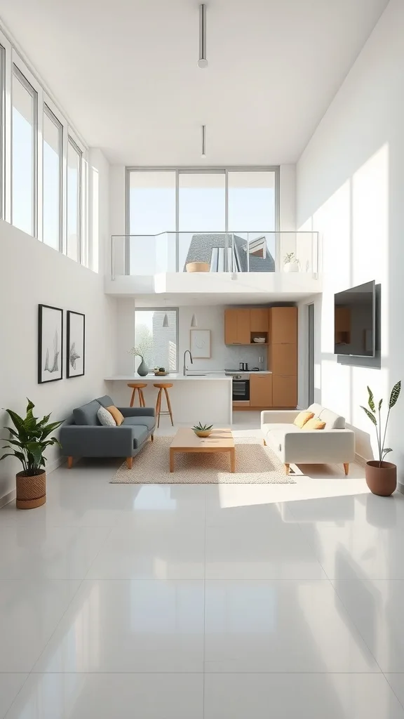 A modern minimalist apartment with high ceilings, large windows, and neutral color palette, featuring a cozy living area and kitchen.