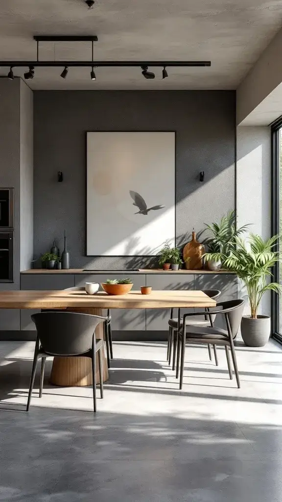 Modern minimalist dining room with a large wooden table and sleek chairs.