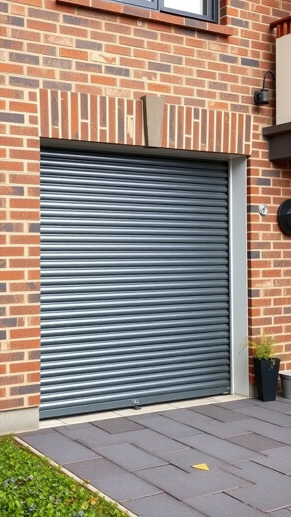 Modern ribbed steel garage door on a brick house.