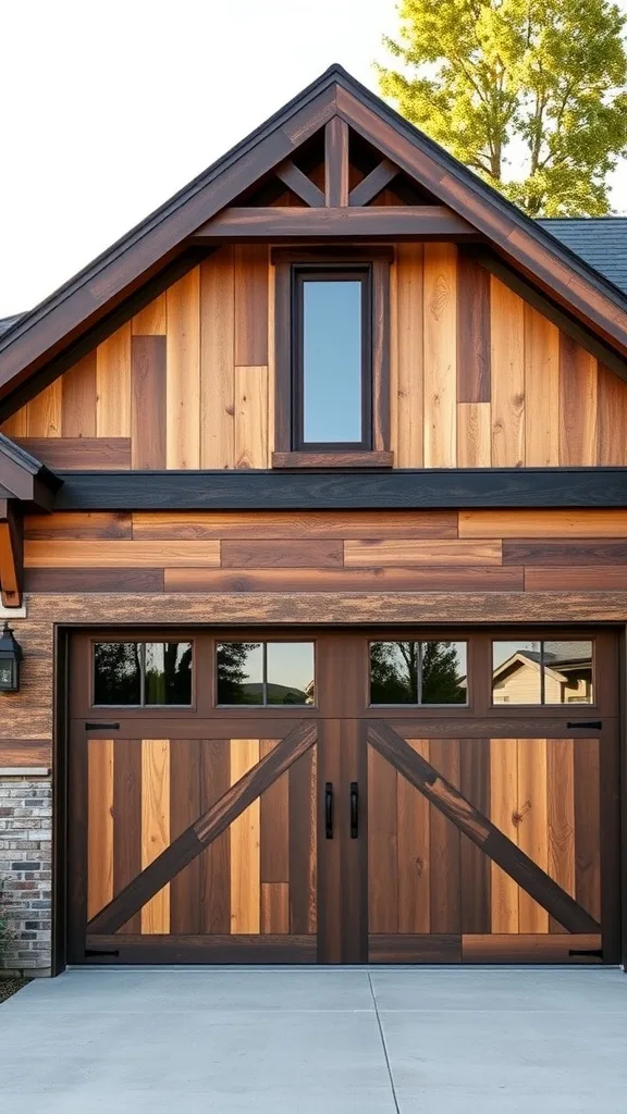 A modern rustic garage door with wooden finish and window mullions.