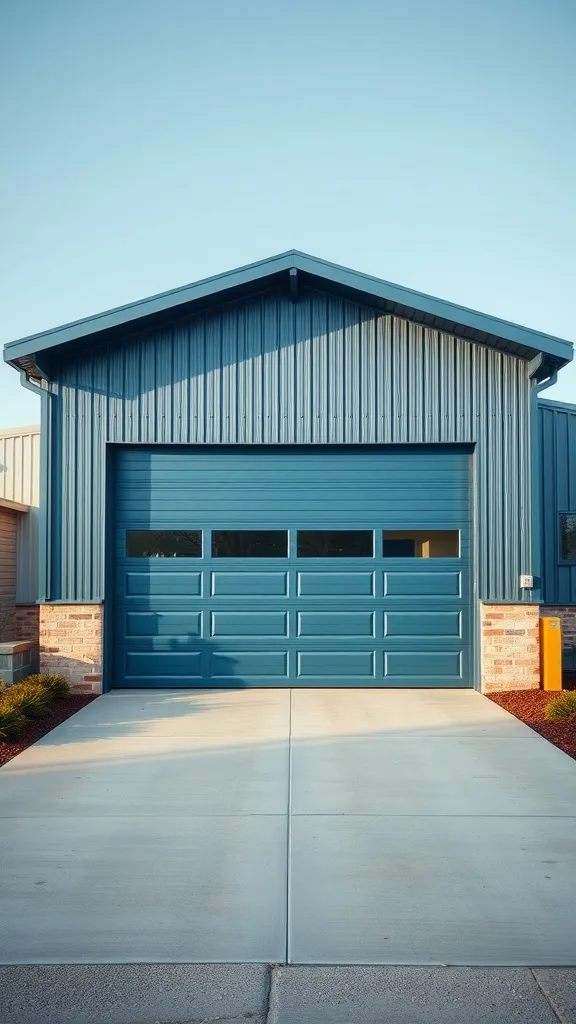 A modern garage painted in Steel Blue, featuring metal siding and a stylish garage door